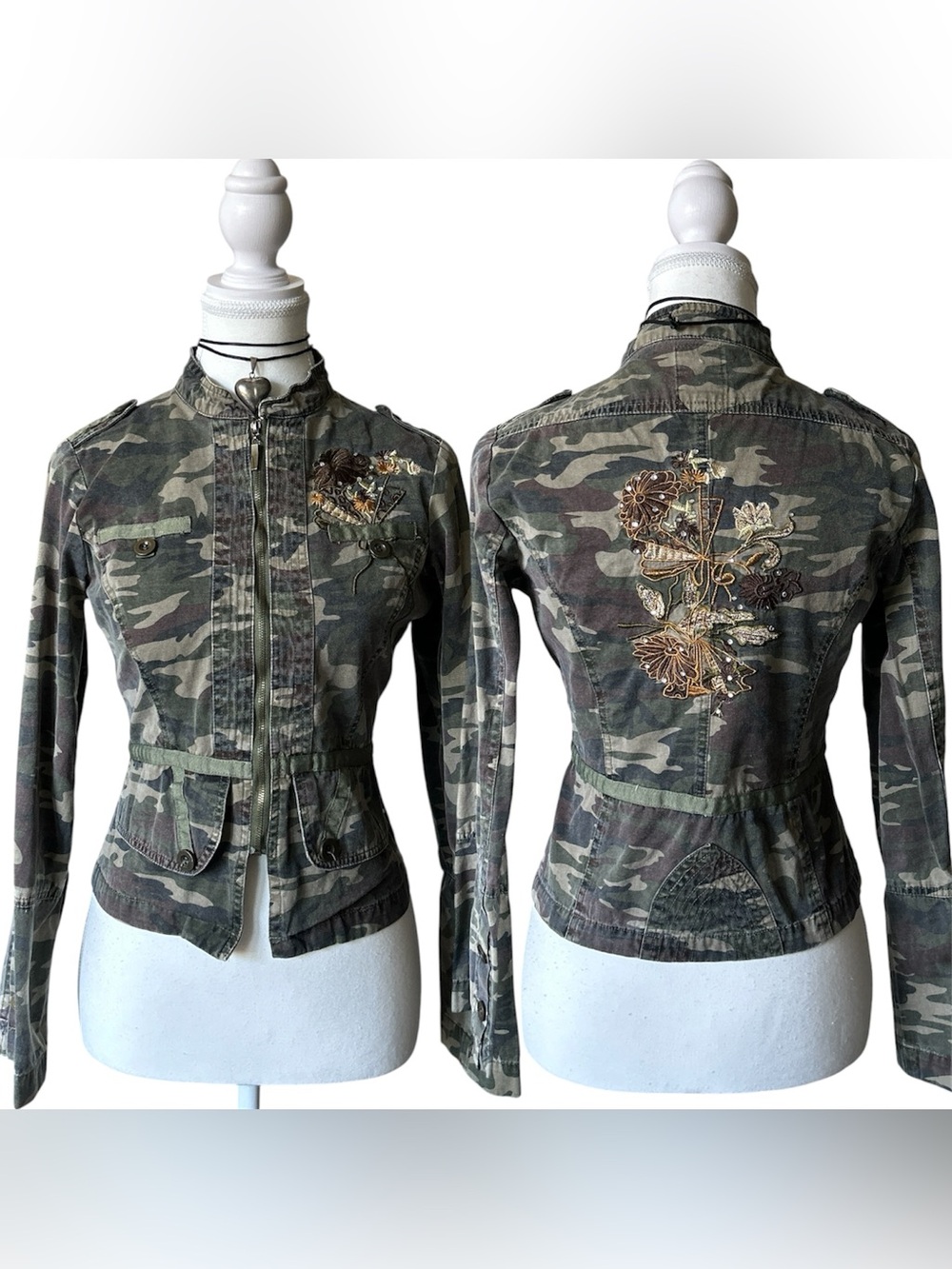 Y2K Grunge “Sirens” Military Green Camo Floral Embroidered Zip-up Jacket